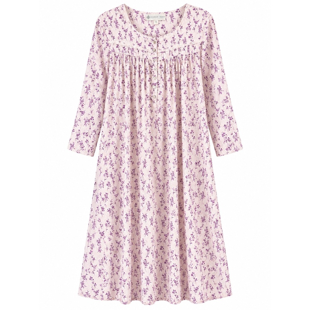 Eileen West Womens Long Sleeve Night Gown Lavend Floral Flannel Sz L Cottagecore